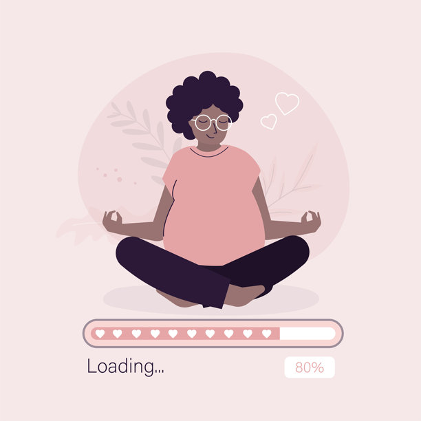 可爱的孕妇坐在莲花坐姿中，加载条。快乐的非洲裔美国准妈妈期待着顺利到达预产期，等待宝宝的到来。图片下载
