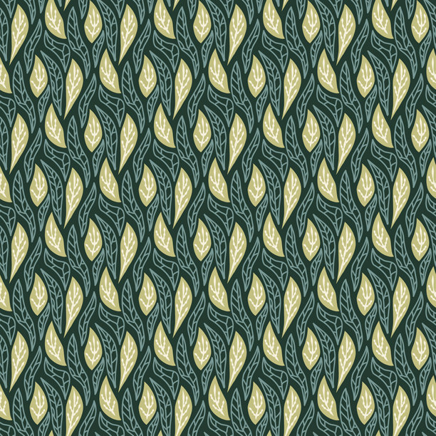 漂浮树叶无缝图案，深绿色背景上的程式化树叶，秘密花园主题表面图案设计，矢量手绘插画图片下载