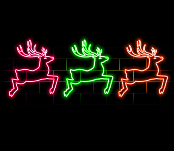 圣诞驯鹿，发光的跳跃的鹿和鹿角霓虹灯集合，矢量素材，粉色图片下载