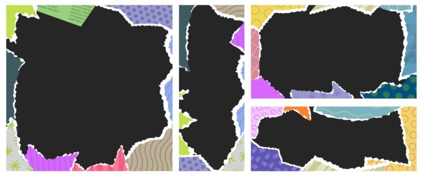 撕裂纸张的横幅框架。带有撕裂工艺纸片的剪贴簿照片框，复古拼贴艺术模板，包含图案和纹理的纸张碎片。杂志风格的矢量背景集图片下载