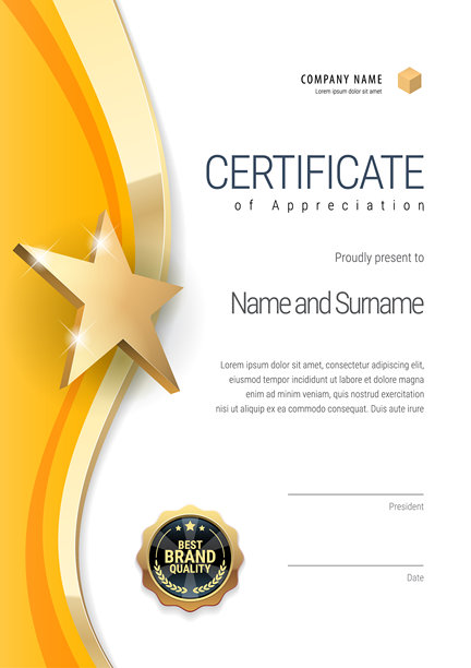 橙色和金色星星设计的奖状证书图片下载
