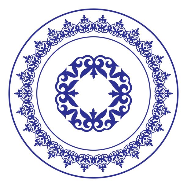 蓝色圆形哈萨克民族图案的矢量设计，白色背景。大草原民族的民族图案，包括哈萨克族、蒙古族、吉尔吉斯族和卡尔梅克族。圆形边框，适用于喷砂机、陶瓷和拼布。图片下载