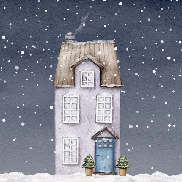 可爱的欧洲房屋。冬季，圣诞节，新年。城市建筑在夜空和飘落的雪花中。手绘插图。老城区。水彩画。明信片、海报、书籍的设计元素。图片下载