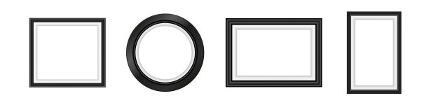 一套黑色相框，用于照片和图片。装饰性的木质框架，适合画廊使用。图片下载