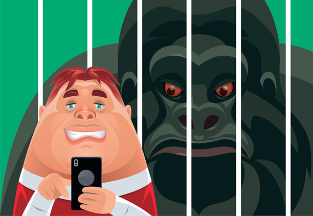 大猩猩看着孩子和智能手机图片下载