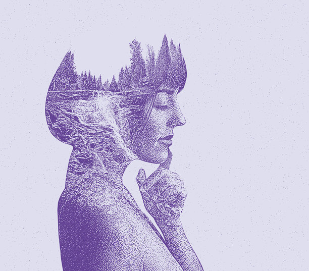 多重曝光的年轻女子和河流和瀑布图片下载