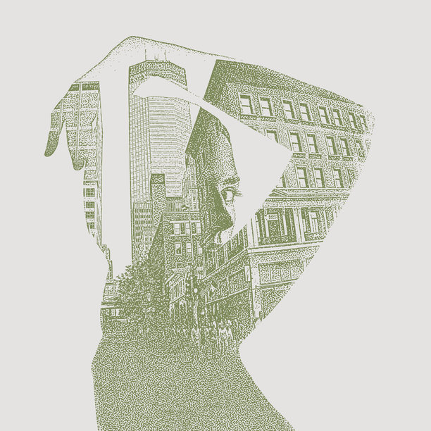 一个年轻女子和城市景观的多重曝光图片下载