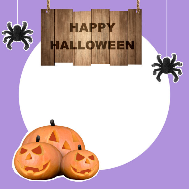 一块写着“万圣节快乐”的标志悬挂在三只南瓜的图片上方图片下载