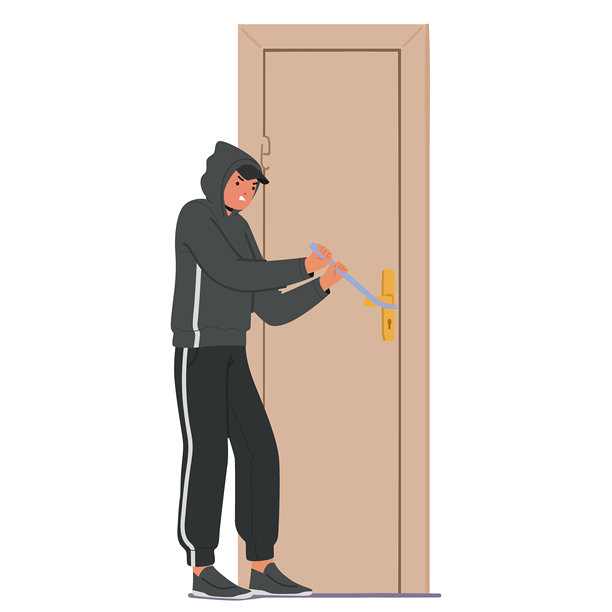 穿着连帽衫的小偷用撬棍撬开门。矢量场景反映了犯罪、危险和安全问题。图片下载