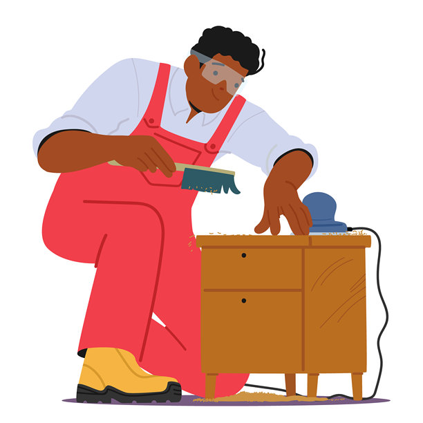 熟练的木匠正在仔细打磨和抛光一个木制橱柜。卡通工匠穿着防护装备。图片下载