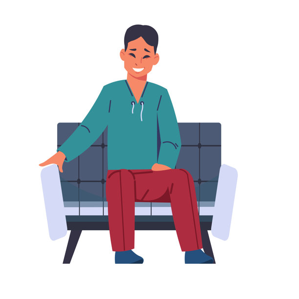 坐在扶手椅上的男人。坐在柔软座椅上的人。走廊里等待的男性角色。办公室里放松的工作人员。室内家具。坐在舒适沙发上的微笑或大笑的男士。矢量插图。图片下载