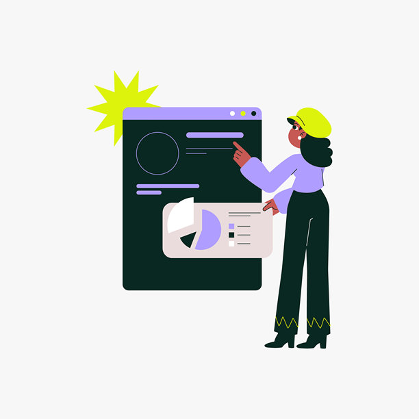 女性角色与显示饼图和报告的大屏幕互动的数据分析，扁平矢量插图，白色背景独立展示图片下载