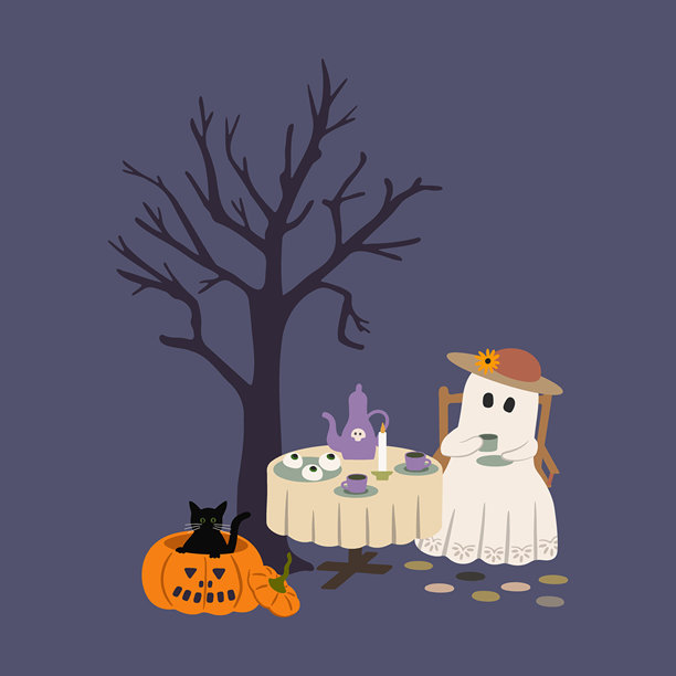 可爱的鬼魂在阴森的树下喝茶的矢量插图。奇幻的万圣节角色，手持茶杯，圆形餐桌，光秃的树，秋季南瓜和黑猫在黑暗背景中。图片下载