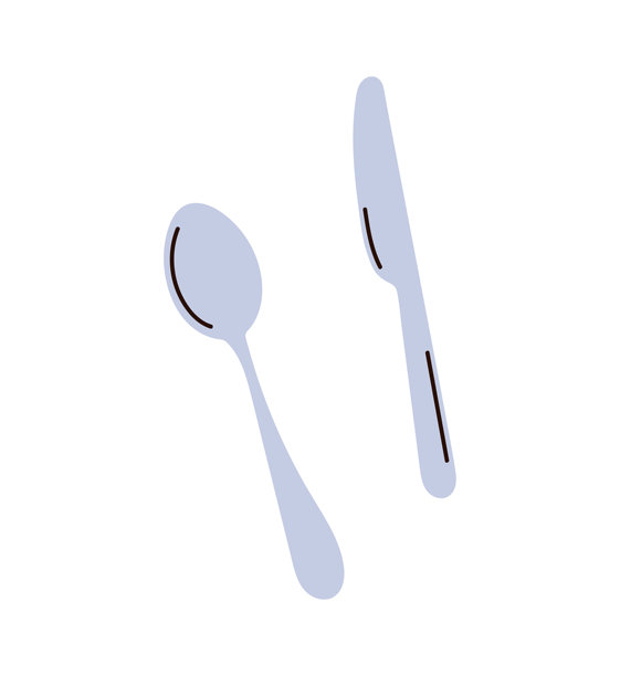 厨房工具，烹饪勺，餐桌刀，汤匙，烹饪用具，厨房用品，金属勺和钢叉，平面餐具俯视图，白色背景上的餐具。图片下载