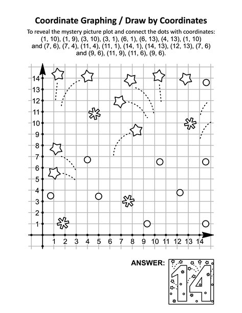 坐标图形绘制，或通过坐标绘图，数学工作表，带有圣瓦伦丁节的数字十四：揭示神秘图片，绘制并连接给定坐标的点。答案包含在内。图片下载