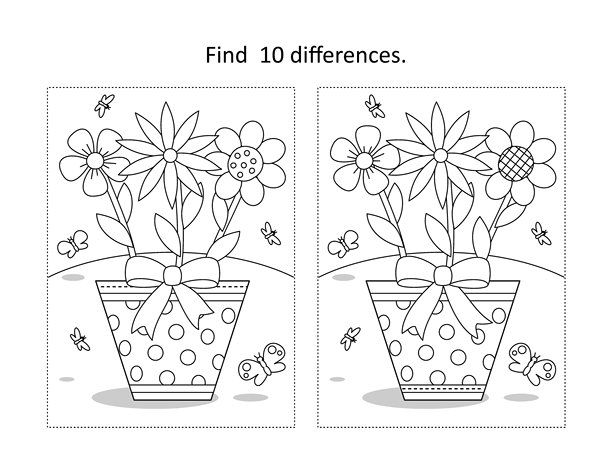 盆栽花卉找不同图片拼图和涂色页图片下载