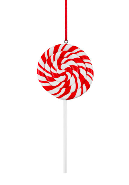 一个彩色漩涡棒棒糖，带有丝带装饰。圣诞装饰品。背景为白色。库存照片。图片下载
