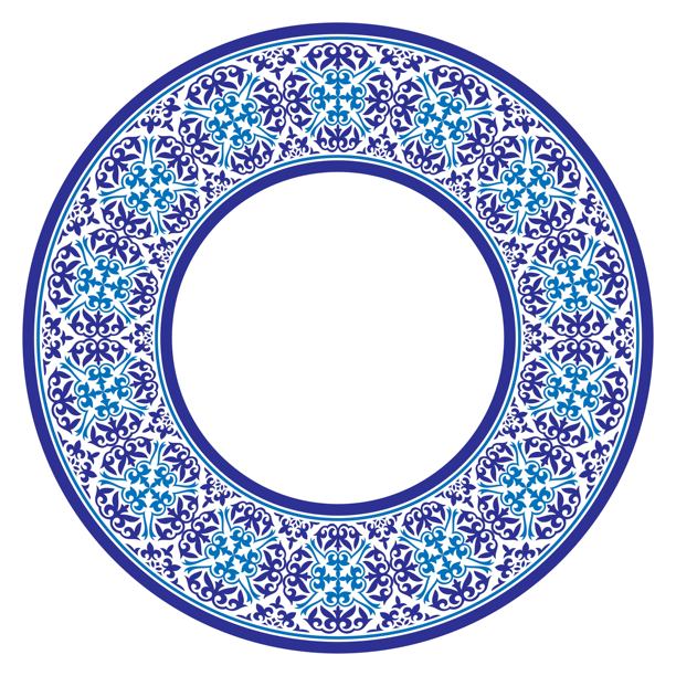 蓝色民族亚洲国家圆形框架。亚洲游牧民族的民族装饰，包括大草原、哈萨克人、吉尔吉斯人、卡尔梅克人、蒙古人、布里亚特人和土库曼人。适用于喷砂和陶瓷。图片下载