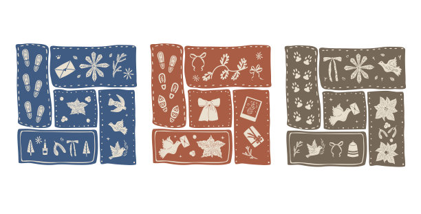 节日元素，包括鸽子、雪花和礼物，采用蓝色、红色和棕色的色块。矢量手绘插图，背景为白色。图片下载