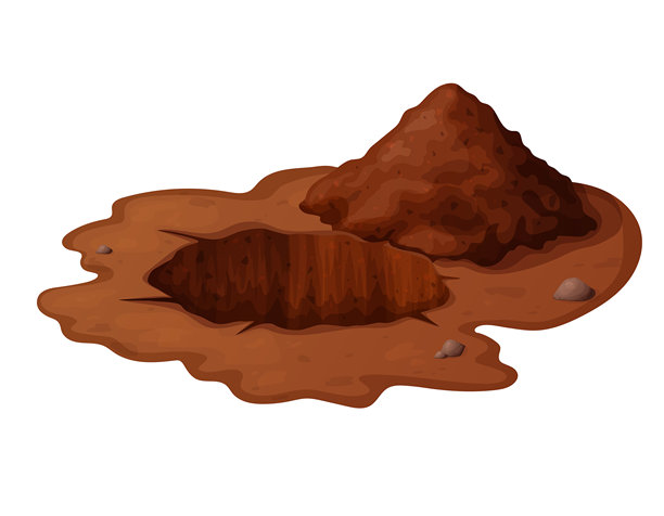 地面上的深坑，有草和石头。棕色的土壤，巨大的裂缝和废墟。挖掘沙煤废石。卡通风格的详细图纸。矢量图，在白色背景上隔离图片下载