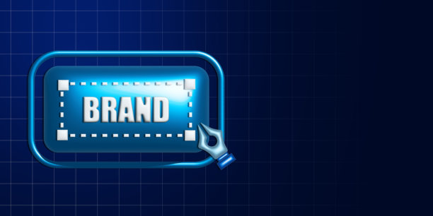 蓝色网格背景上的品牌设计工具图标。3D渲染。图片下载