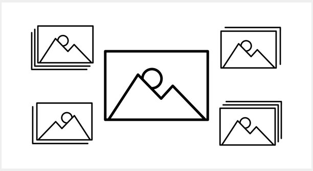 带有山脉和太阳图标的图片，独立展示。照片库设置。矢量库存插图。图片下载