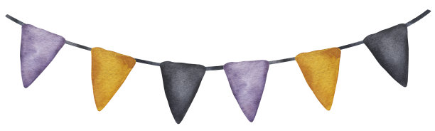 旗呈三角形，喜庆黑橙紫旗。万圣节快乐收藏。卡通剪贴画，简单的幽灵图片。手绘水彩插图孤立的白色背景图片下载