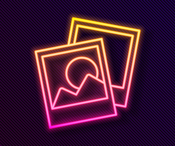 发光的霓虹线相框图标，背景为黑色。复古空白照片框。矢量图。图片下载