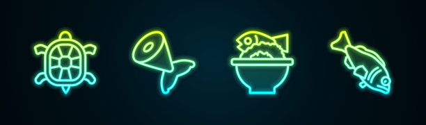 海龟、鱼尾、碗装鱼和发光霓虹灯图标矢量素材图片下载