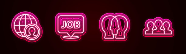 地球和人、带工作的语音气泡、项目团队基础和用户组发光霓虹灯图标矢量素材图片下载