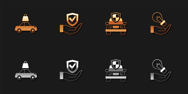 汽车保险、盾牌和灯泡图标矢量素材图片下载