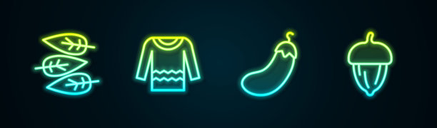 线稿：树叶、毛衣、茄子和橡子发光霓虹灯图标矢量素材图片下载