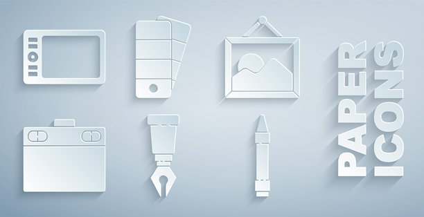 钢笔笔尖，风景图片，图形平板，绘画用蜡笔，调色板和图标。矢量图图片下载