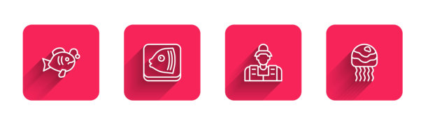 热带鱼、鱼头、渔夫和水母图标组合矢量素材图片下载