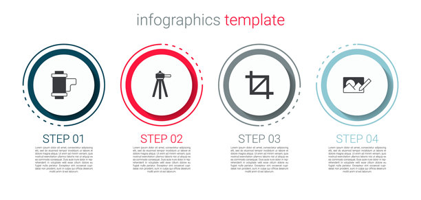 设置相机胶卷盒、三脚架、图片裁剪和照片修饰。商业信息图模板。矢量图。图片下载
