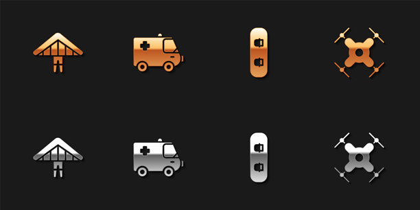 户外运动套装：滑翔机、急救车、滑雪板和无人机飞行图标矢量素材图片下载