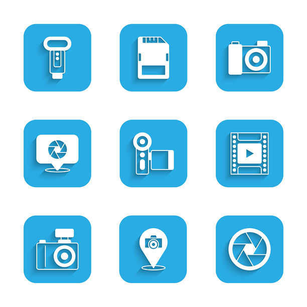 电影摄影机、照片、相机快门、胶卷盒和闪光灯图标。矢量图。图片下载