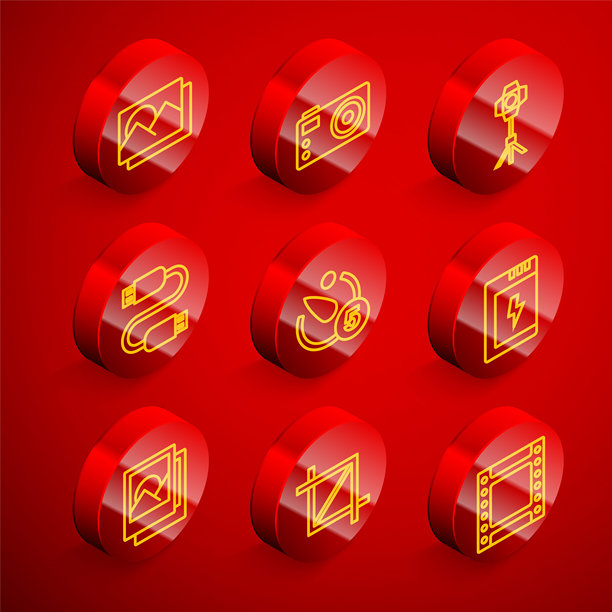 相框、相机、柔光箱灯、USB数据线、相机定时器、电池和图片裁剪图标。矢量图。图片下载