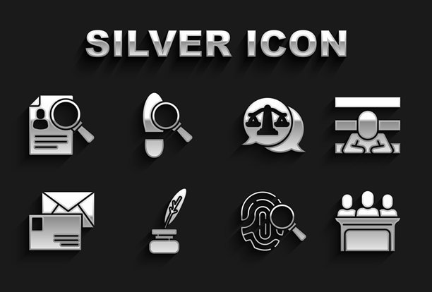 羽毛笔和墨水、囚犯、陪审员、指纹、信封、天平、放大镜分析和脚印图标矢量素材图片下载