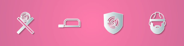 纸艺风格的木材切割工具图标，包括放在支架上的木头、手锯和伐木工人。图片下载