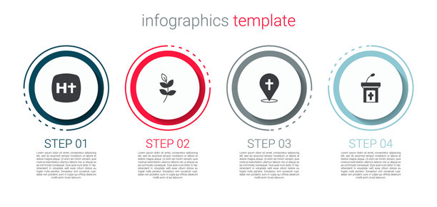基督教十字架、柳叶、教堂建筑和讲道坛图标矢量素材图片下载