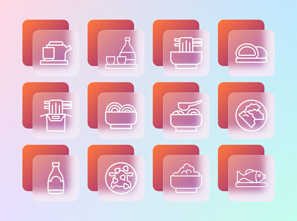 寿司、宫保鸡丁、拉面、米饭、亚洲面条、传统茶道和清酒瓶图标矢量素材图片下载