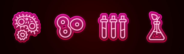 病毒、细胞分裂、试剂瓶和植物育种霓虹灯图标矢量素材图片下载