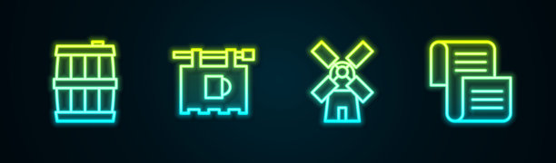 木桶、酒吧路牌、风车、法令羊皮卷轴霓虹灯图标矢量素材图片下载