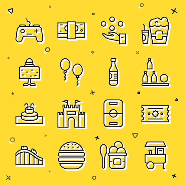 快餐车、票、瓶子、杂耍、气球、魔术桌、游戏手柄和水图标矢量素材图片下载