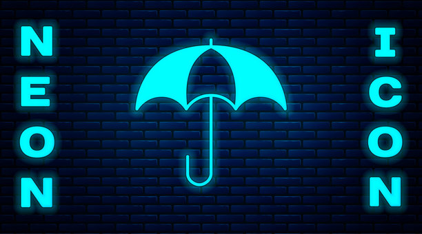 砖墙背景上发光的霓虹灯雨伞图标。保险概念。防水图标。保护、安全、保障概念。矢量素材图片下载