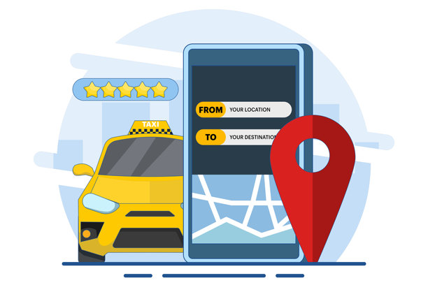 在线出租车司机概念，在线出租车，出租车服务应用，租车与共享汽车，长途拼车，导航图钉。智能手机屏幕上的出租车服务应用。扁平矢量插图。图片下载