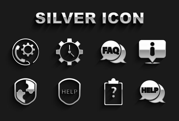 帮助文本盾牌、信息、语音气泡、问号剪贴板、FAQ和24小时电话支持图标矢量素材图片下载