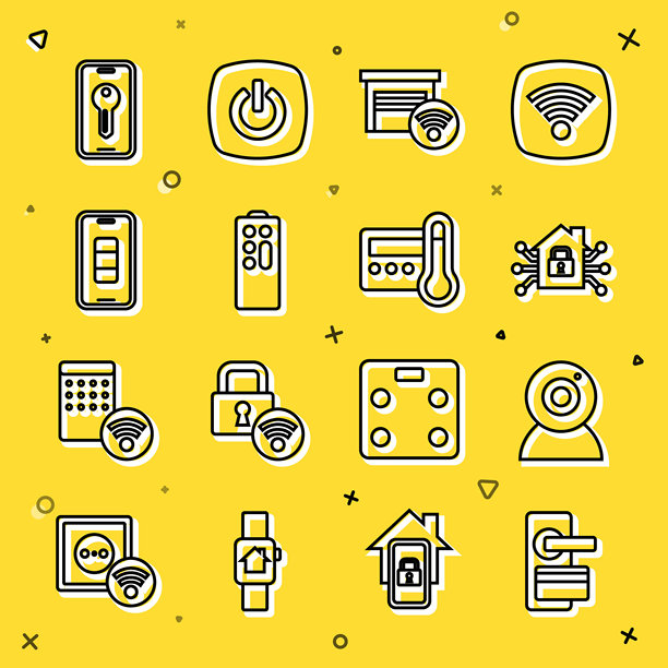 数字门锁、网络摄像头、智能家居、车库、遥控器、智能手机电池充电、钥匙和恒温器图标矢量素材图片下载