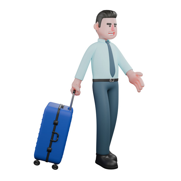 男性金融分析师拉着蓝色行李箱，3D经济插画图片下载